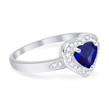 Halo Heart Promise Ring Round Simulated Blue Sapphire CZ 925 Sterling Silver